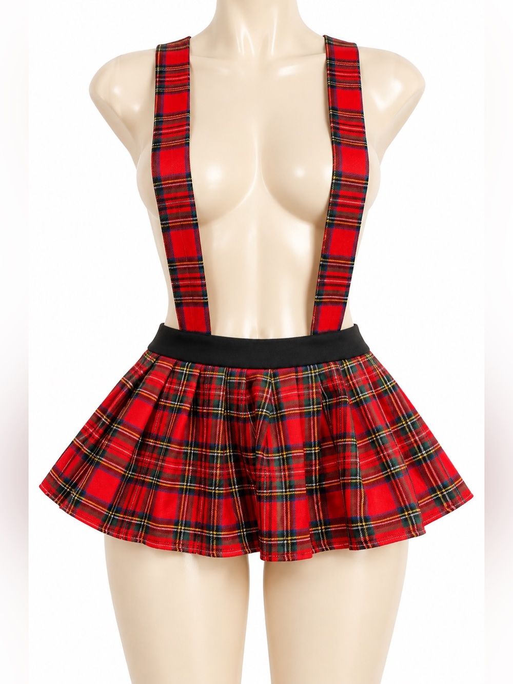 Y2K Red Plaid Pleated Suspender Mini Skirt XS Punk Goth